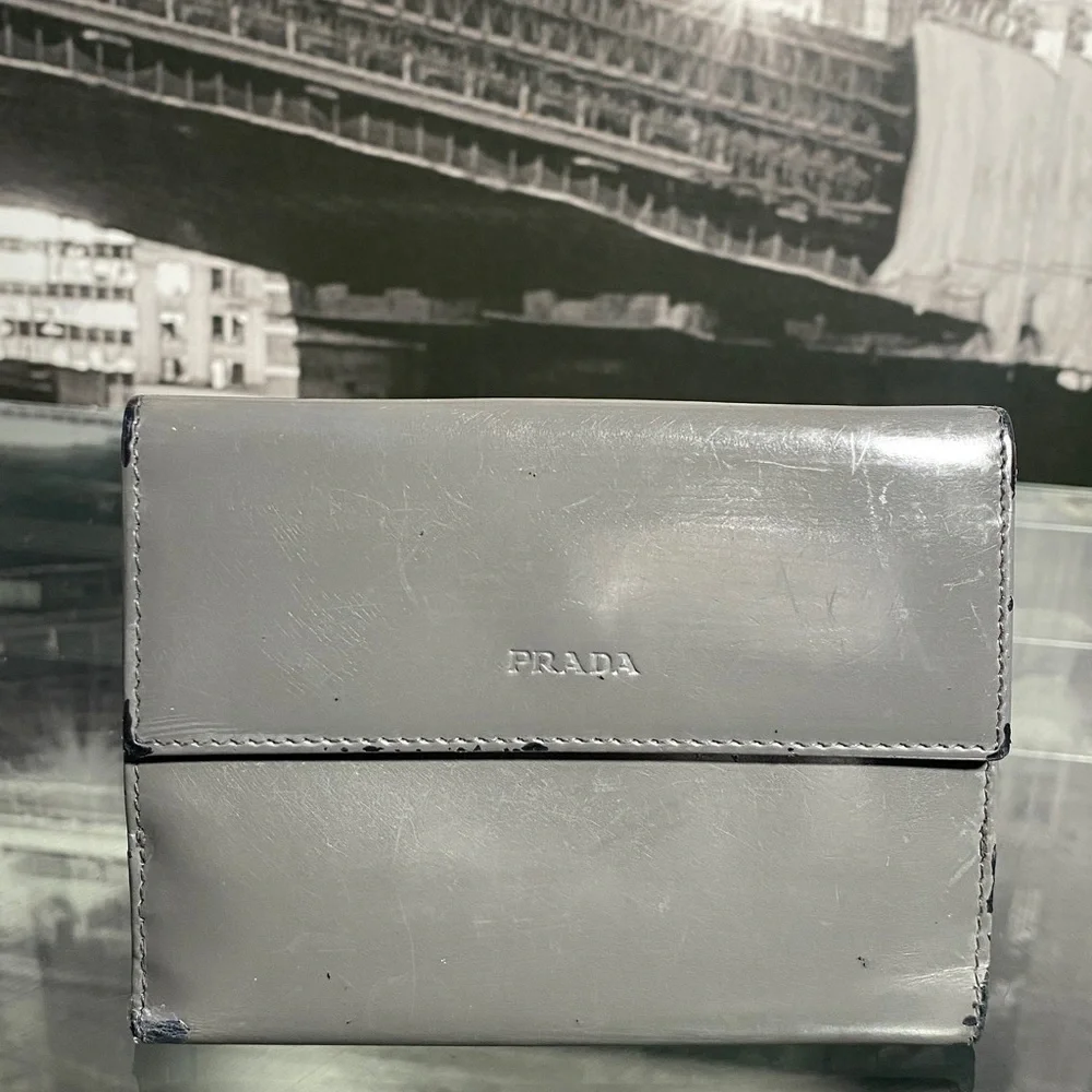 Authentic Prada Grey Shiny Leather Wallet